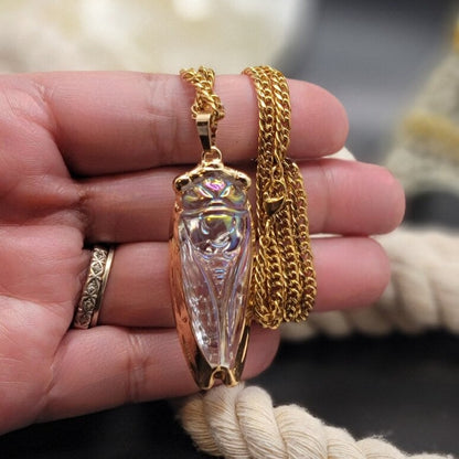 Golden Cicada Necklace in Egyptian Style, Iridescent Glass Pendant