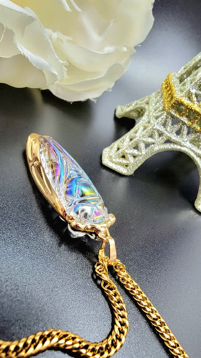 Golden Cicada Necklace in Egyptian Style, Iridescent Glass Pendant