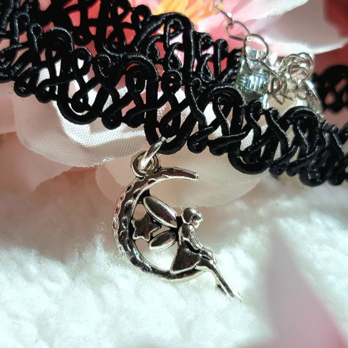 Fairy Sitting on Crescent Moon Black Lace Choker, Whimsical Celestial Charm Pendant