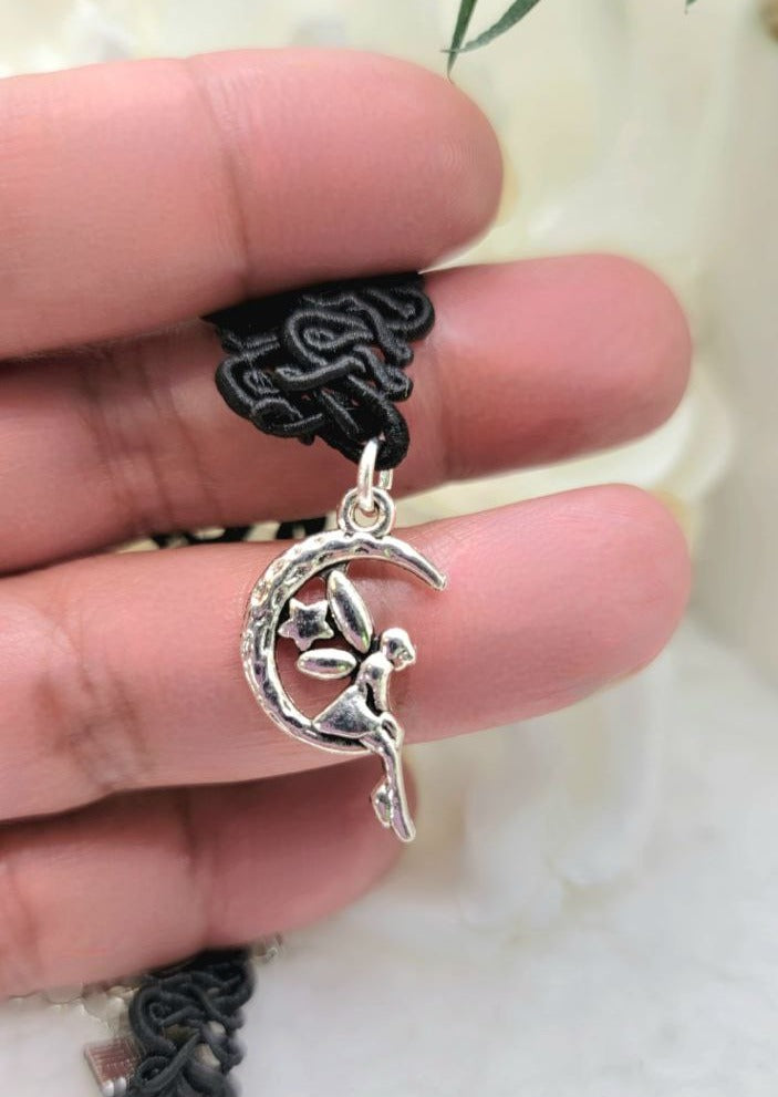 Fairy Sitting on Crescent Moon Black Lace Choker, Whimsical Celestial Charm Pendant