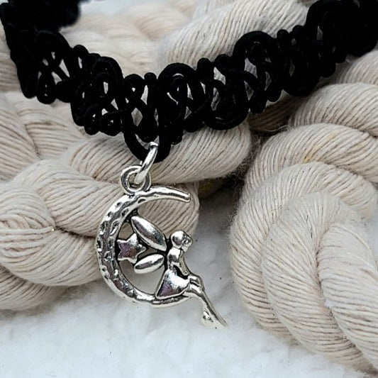 Fairy Sitting on Crescent Moon Black Lace Choker, Whimsical Celestial Charm Pendant