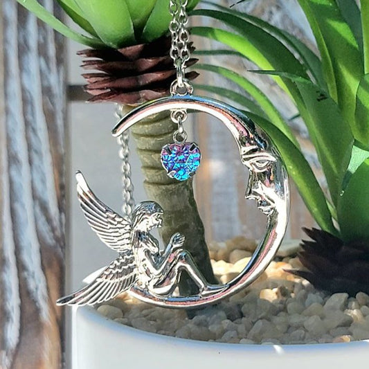 Moon Fairy & Crescent Moon Necklace, Silver Celestial Pendant