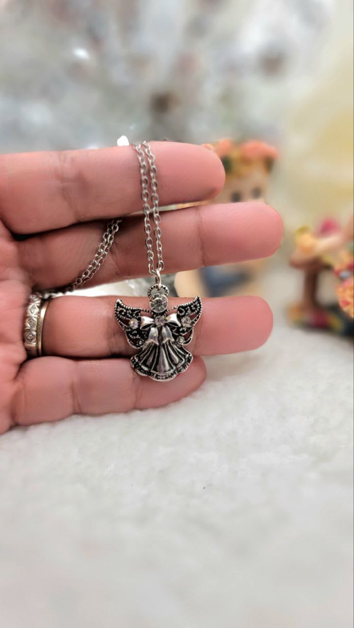 Angelic Wing Pendant w/ Rhinestone Necklace, Spiritual Guardian Jewelry