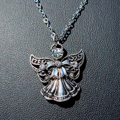 Angelic Wing Pendant w/ Rhinestone Necklace, Spiritual Guardian Jewelry