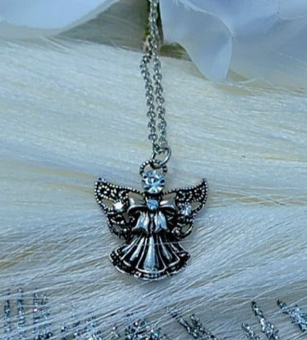 Angelic Wing Pendant w/ Rhinestone Necklace, Spiritual Guardian Jewelry