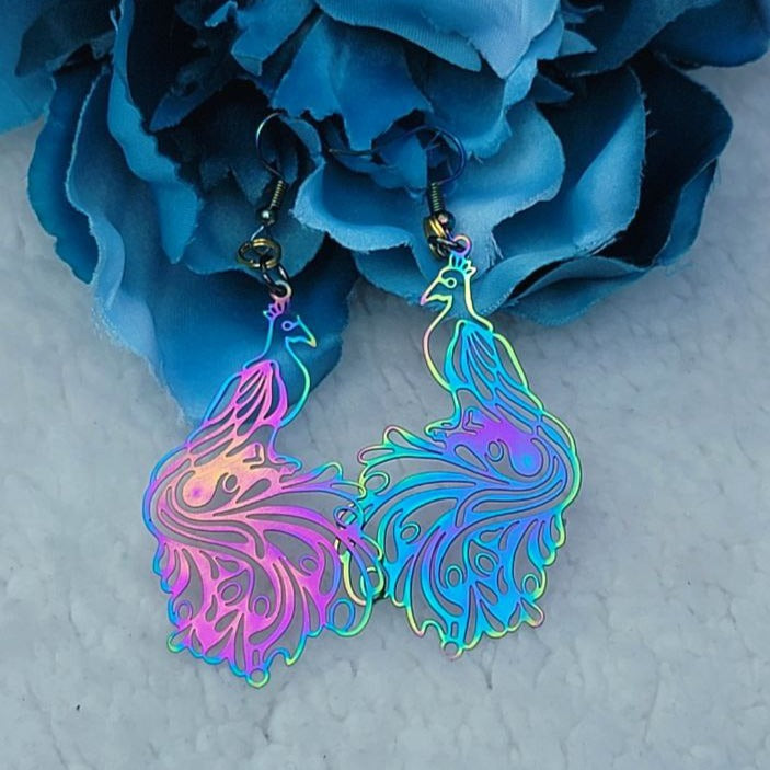 Exquisite Filigree Peacock Earring, Radiant Rainbow Dangle, Proud Bird Pendant, Iridescent Statement Jewelry