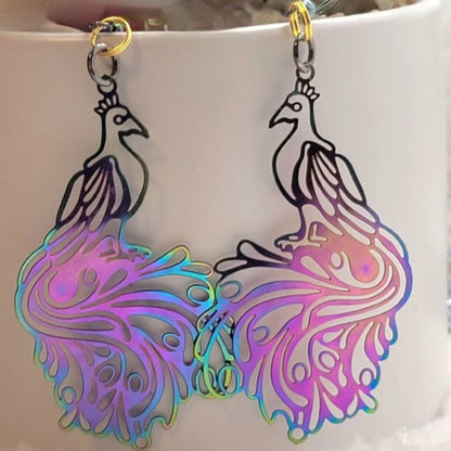 Exquisite Filigree Peacock Earring, Radiant Rainbow Dangle, Proud Bird Pendant, Iridescent Statement Jewelry