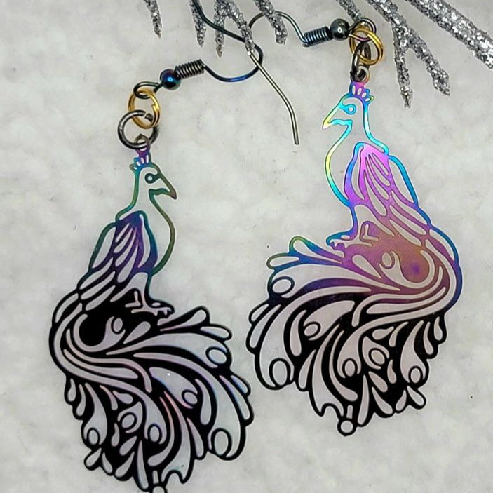 Exquisite Filigree Peacock Earring, Radiant Rainbow Dangle, Proud Bird Pendant, Iridescent Statement Jewelry