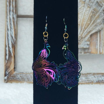 Exquisite Filigree Peacock Earring, Radiant Rainbow Dangle, Proud Bird Pendant, Iridescent Statement Jewelry