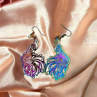 Exquisite Filigree Peacock Earring, Radiant Rainbow Dangle, Proud Bird Pendant, Iridescent Statement Jewelry