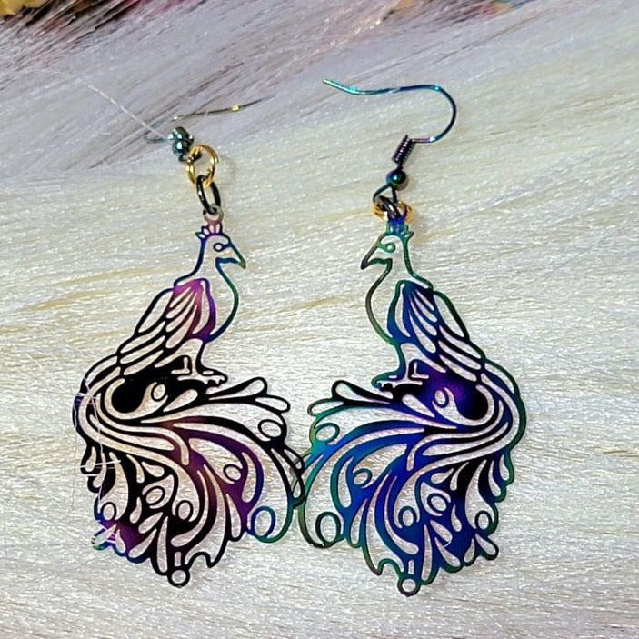 Exquisite Filigree Peacock Earring, Radiant Rainbow Dangle, Proud Bird Pendant, Iridescent Statement Jewelry