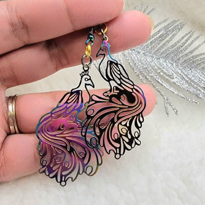 Exquisite Filigree Peacock Earring, Radiant Rainbow Dangle, Proud Bird Pendant, Iridescent Statement Jewelry