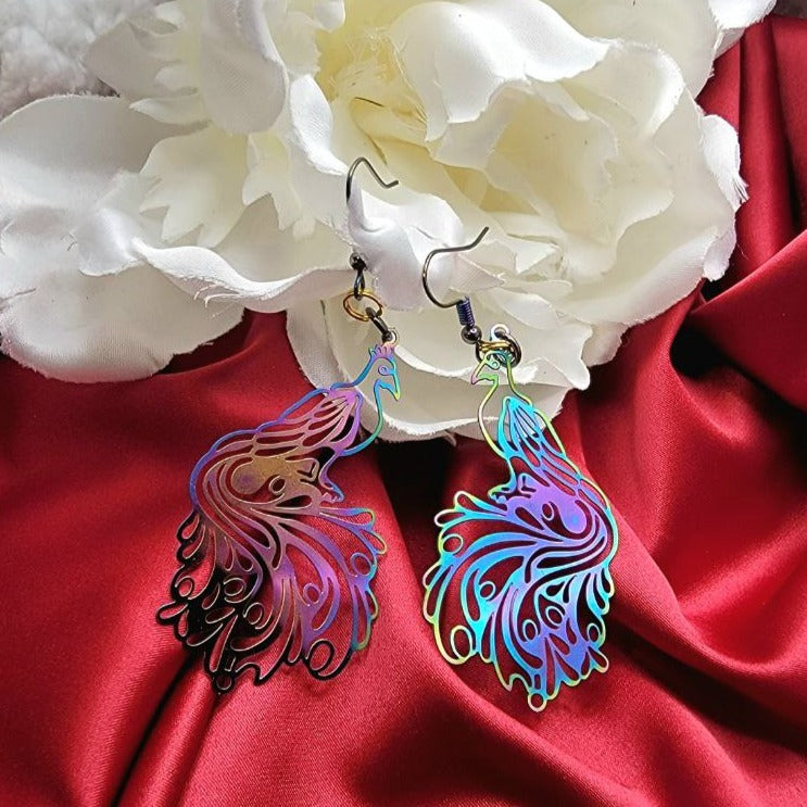 Exquisite Filigree Peacock Earring, Radiant Rainbow Dangle, Proud Bird Pendant, Iridescent Statement Jewelry