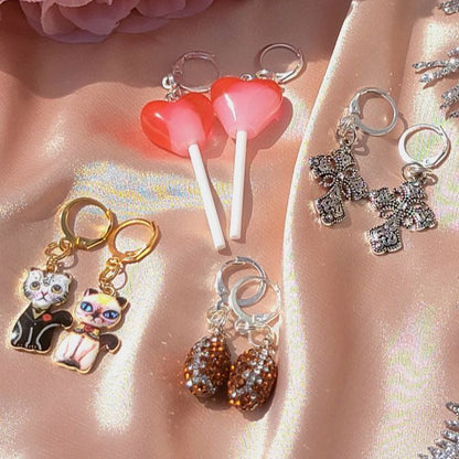 Earrings for Kids, Heart-Shaped Lollipop Earrings, Rhinestone Football Jewelry, Mismatched Cat Couple Dangle, Small Cross