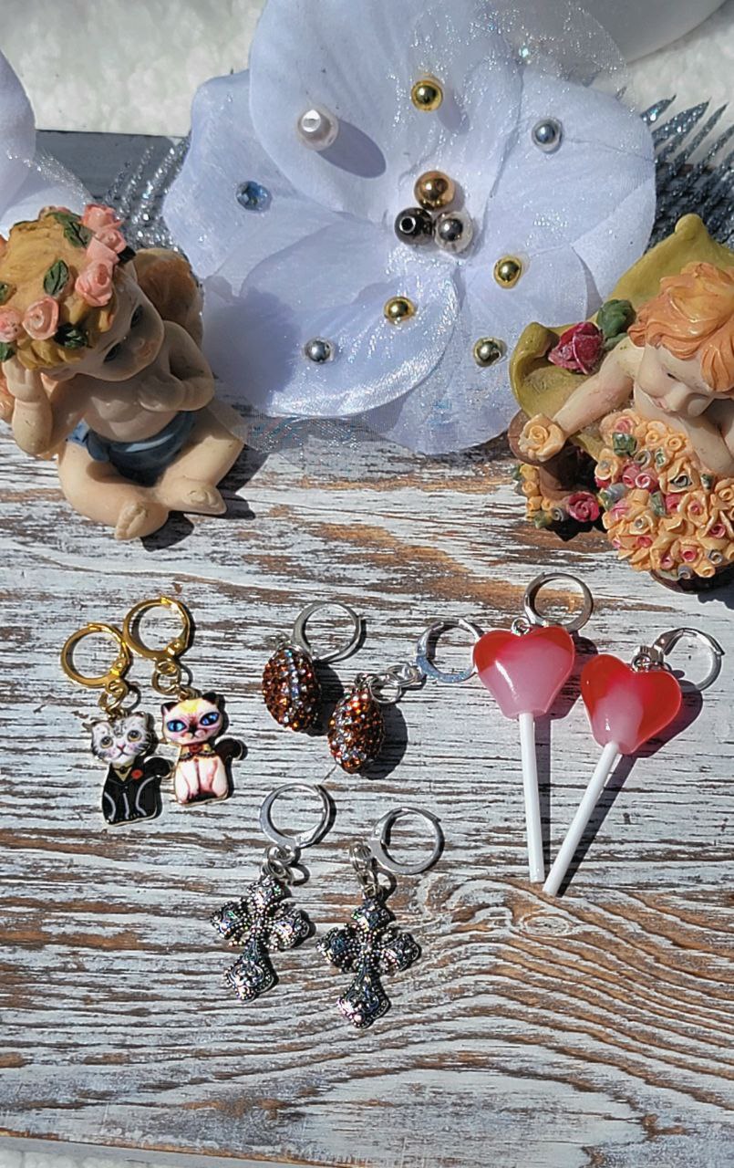 Earrings for Kids, Heart-Shaped Lollipop Earrings, Rhinestone Football Jewelry, Mismatched Cat Couple Dangle, Small Cross