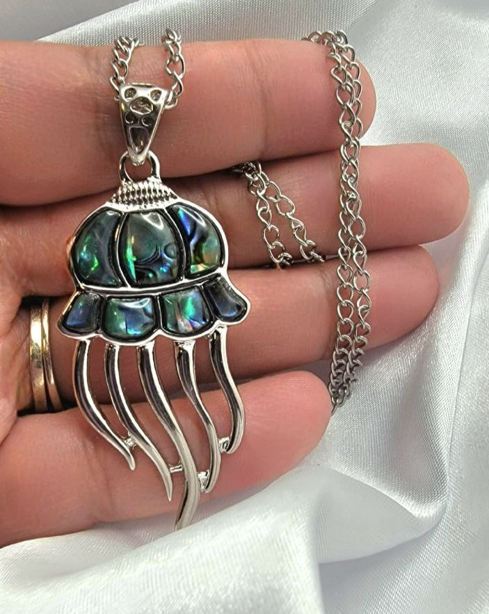 Ocean-Theme Jellyfish Necklace, Beach Life Pendant, Eye-Catching Abalone Glass Necklace, Iridescent Blue-Green Jewelry