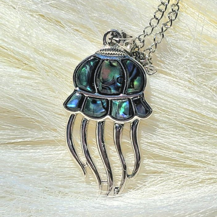 Ocean-Theme Jellyfish Necklace, Beach Life Pendant, Eye-Catching Abalone Glass Necklace, Iridescent Blue-Green Jewelry