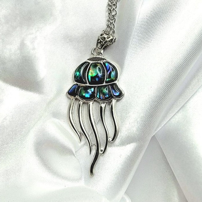 Ocean-Theme Jellyfish Necklace, Beach Life Pendant, Eye-Catching Abalone Glass Necklace, Iridescent Blue-Green Jewelry