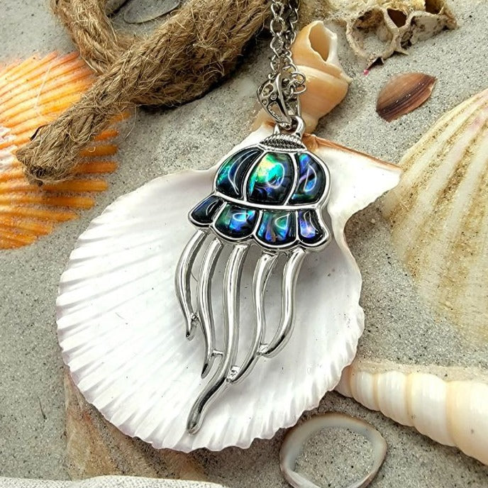 Ocean-Theme Jellyfish Necklace, Beach Life Pendant, Eye-Catching Abalone Glass Necklace, Iridescent Blue-Green Jewelry