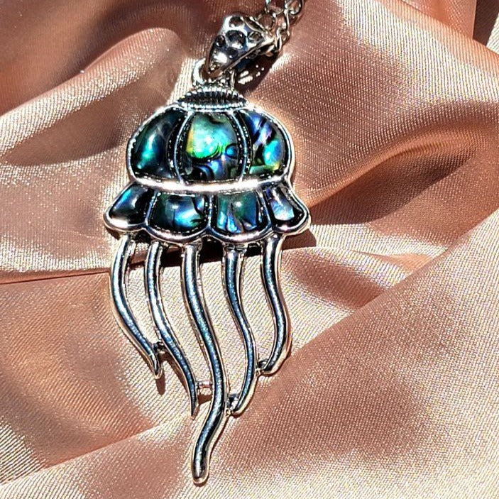 Ocean-Theme Jellyfish Necklace, Beach Life Pendant, Eye-Catching Abalone Glass Necklace, Iridescent Blue-Green Jewelry