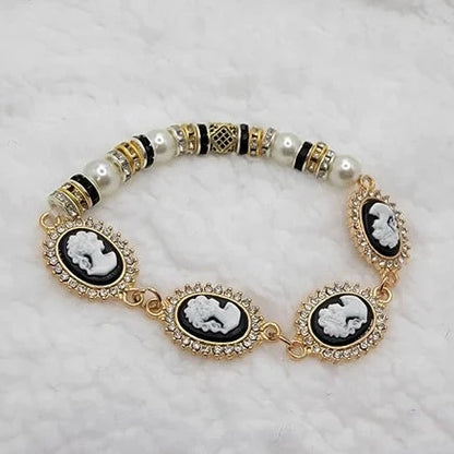 Vintage-Inspired Glass Rhinestone Cameo Bracelet, Pearls & Crystal Embellished Wristlet, Timeless Elegance Accessory, Classic Artistry Jewelry