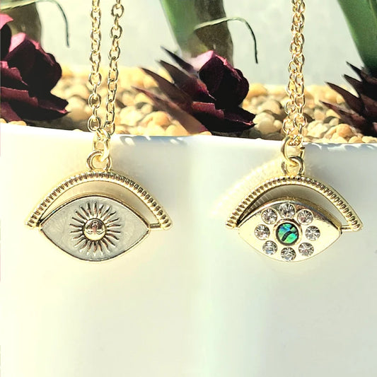 Gold Open Eye Necklace, Kabbalah Accessory,  Two Sided Jewelry, Protective Amulet