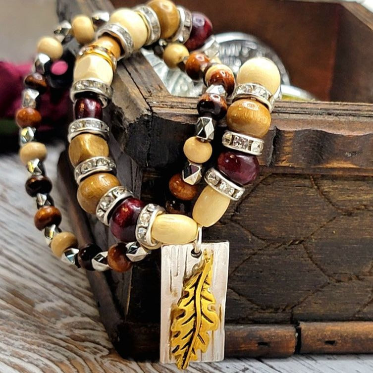 Handmade Gold Fall Leaf & Wood Tone Beaded Bracelet, Fall Themed Jewelry, Autumn Jewelry