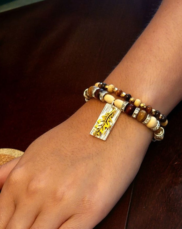 Handmade Gold Fall Leaf & Wood Tone Beaded Bracelet, Fall Themed Jewelry, Autumn Jewelry