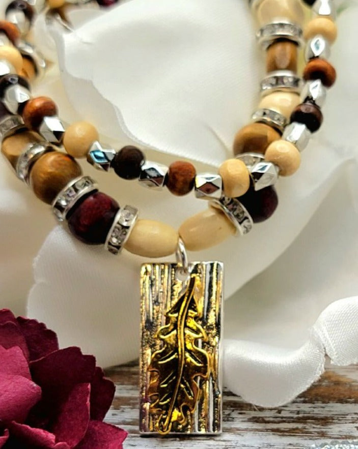 Handmade Gold Fall Leaf & Wood Tone Beaded Bracelet, Fall Themed Jewelry, Autumn Jewelry