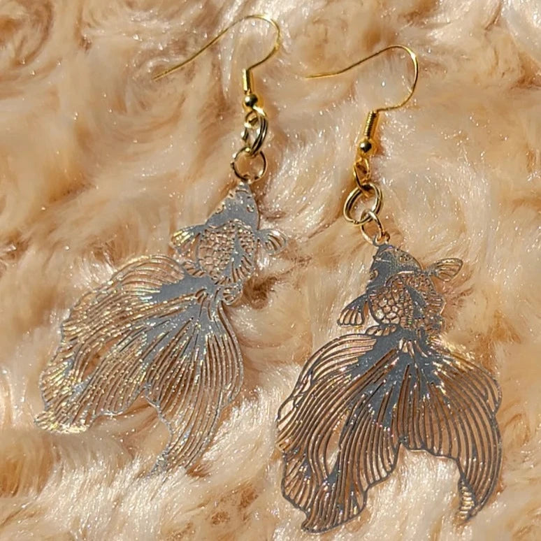 Gold Filigree Koi Fish Drop Earring, Long Dangle Pendant, Goldfish Charm, Aquatic Jewelry