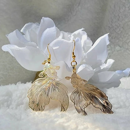 Gold Filigree Koi Fish Drop Earring, Long Dangle Pendant, Goldfish Charm, Aquatic Jewelry