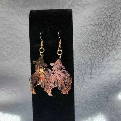 Gold Filigree Koi Fish Drop Earring, Long Dangle Pendant, Goldfish Charm, Aquatic Jewelry