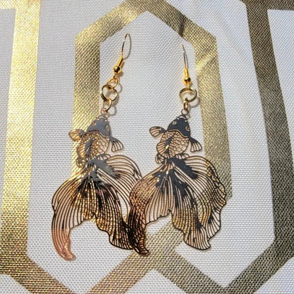 Gold Filigree Koi Fish Drop Earring, Long Dangle Pendant, Goldfish Charm, Aquatic Jewelry