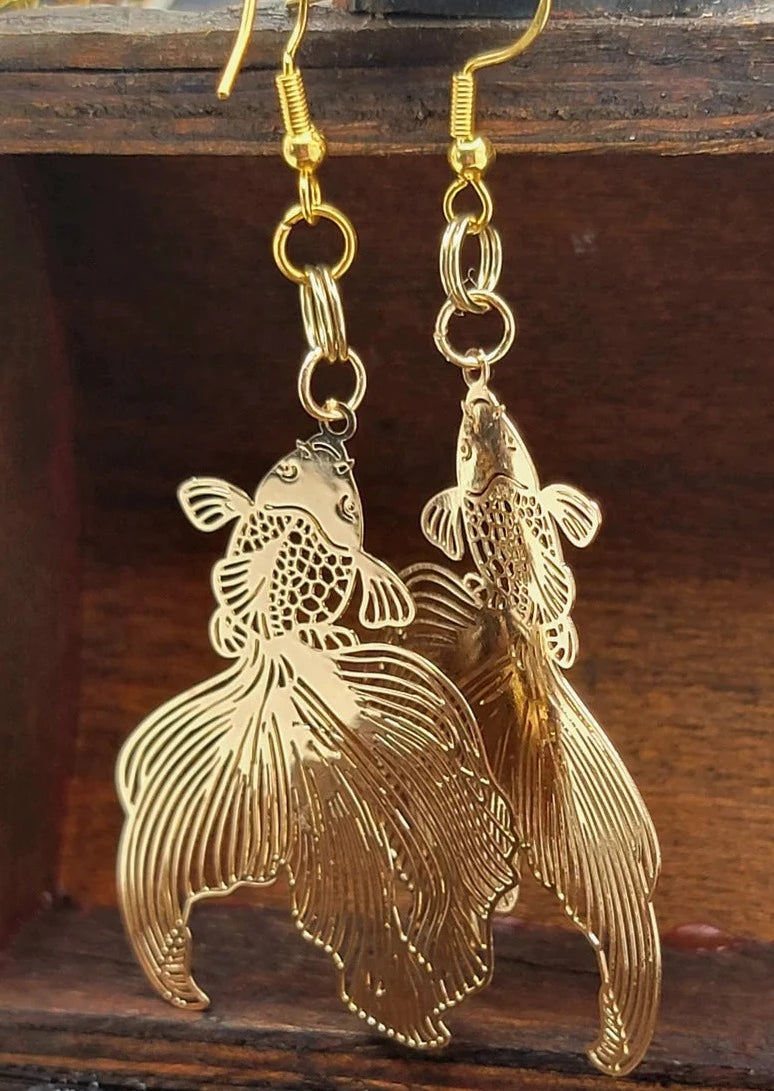 Gold Filigree Koi Fish Drop Earring, Long Dangle Pendant, Goldfish Charm, Aquatic Jewelry