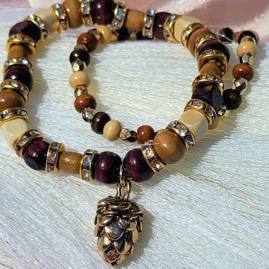 Rustic Pine Cone Charm Bracelet Set, Handmade Autumn Wristlet, Earth Tone Bead Design Jewelry