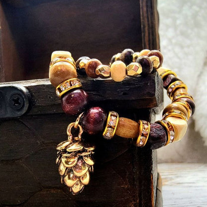 Rustic Pine Cone Charm Bracelet Set, Handmade Autumn Wristlet, Earth Tone Bead Design Jewelry