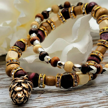 Rustic Pine Cone Charm Bracelet Set, Handmade Autumn Wristlet, Earth Tone Bead Design Jewelry