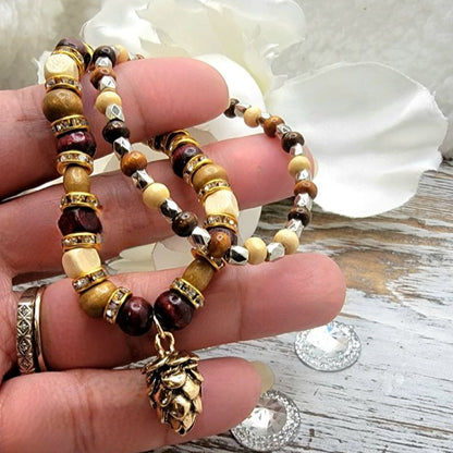 Rustic Pine Cone Charm Bracelet Set, Handmade Autumn Wristlet, Earth Tone Bead Design Jewelry