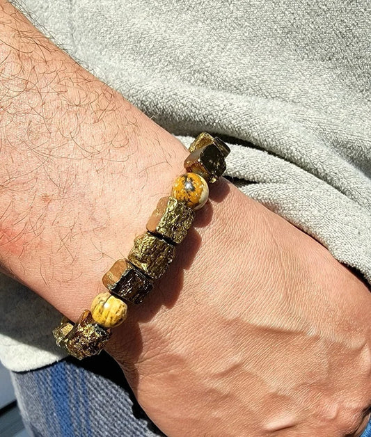 Stylish Men's Gold Pyrite & Picture Jasper Beaded Bracelet