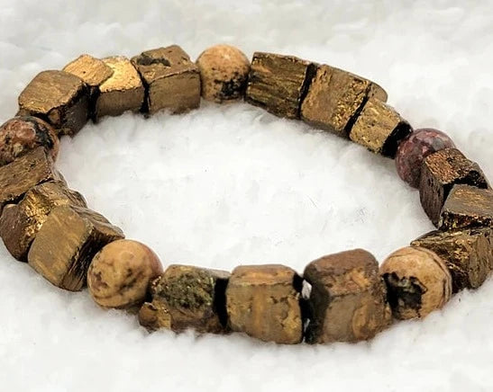 Stylish Men's Gold Pyrite & Picture Jasper Beaded Bracelet