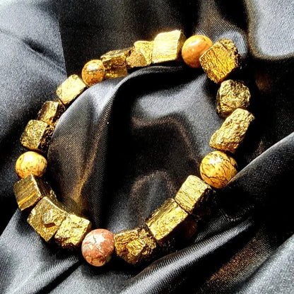 Stylish Men's Gold Pyrite & Picture Jasper Beaded Bracelet