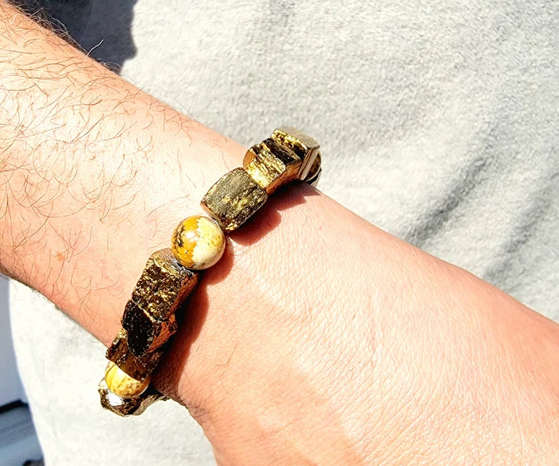 Stylish Men's Gold Pyrite & Picture Jasper Beaded Bracelet