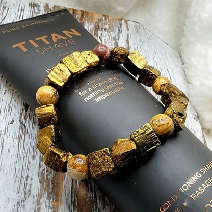 Stylish Men's Gold Pyrite & Picture Jasper Beaded Bracelet