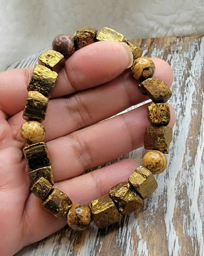 Stylish Men's Gold Pyrite & Picture Jasper Beaded Bracelet