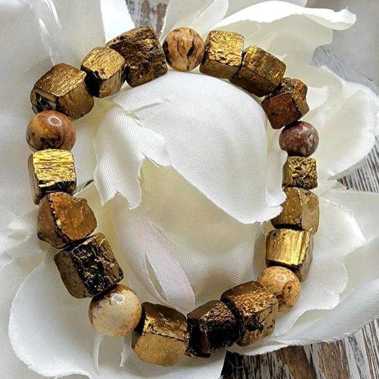 Stylish Men's Gold Pyrite & Picture Jasper Beaded Bracelet