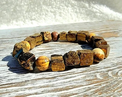 Stylish Men's Gold Pyrite & Picture Jasper Beaded Bracelet