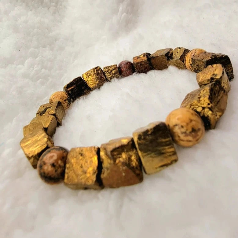 Stylish Men's Gold Pyrite & Picture Jasper Beaded Bracelet