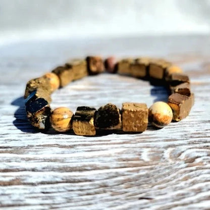 Stylish Men's Gold Pyrite & Picture Jasper Beaded Bracelet