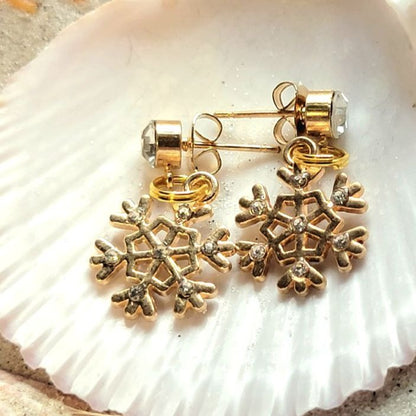 Gold Snowflakes Rhinestone Earring, Festive Holiday Dangle, Christmas Stocking Stuffer