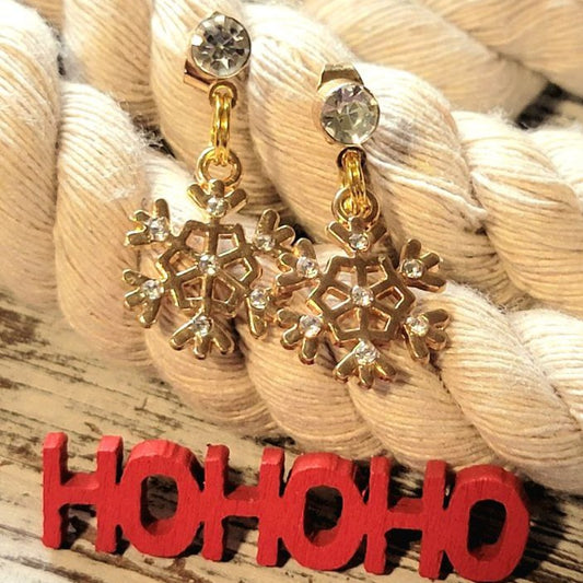 Gold Snowflakes Rhinestone Earring, Festive Holiday Dangle, Christmas Stocking Stuffer